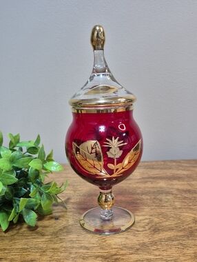 VINTAGE Ruby Red Lidded Pedestal Vase/ Candy Bowl Gold Tone Gilding Detail